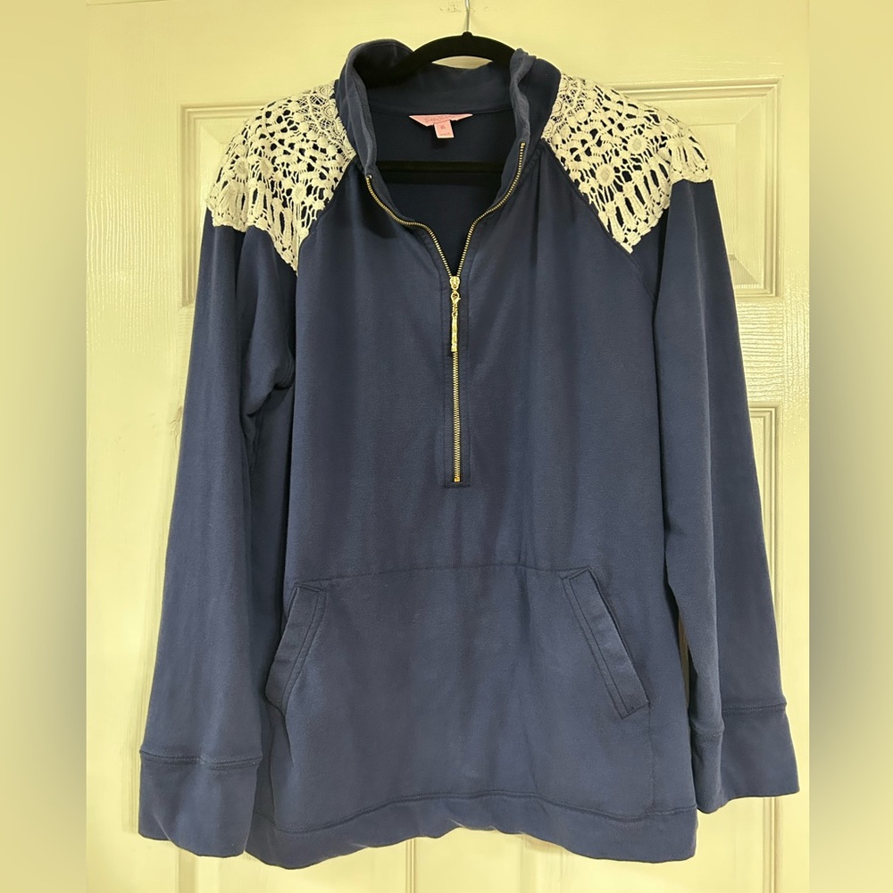Lilly Pulitzer navy blue with crocheted shoulder area popover / 3/4 zip